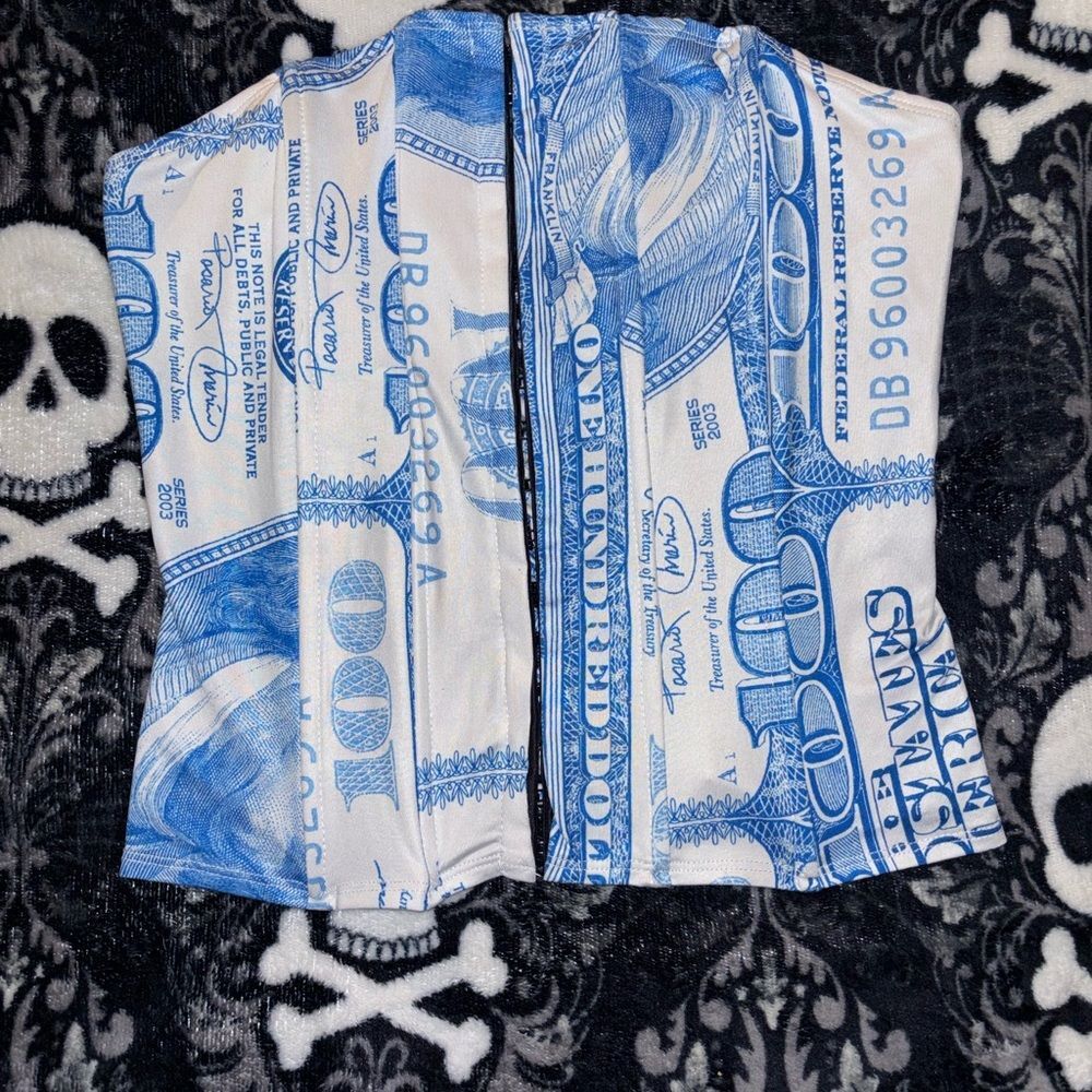 Blue Money Print Corset Top Size Medium | Y2K Lace Up Back Bustier